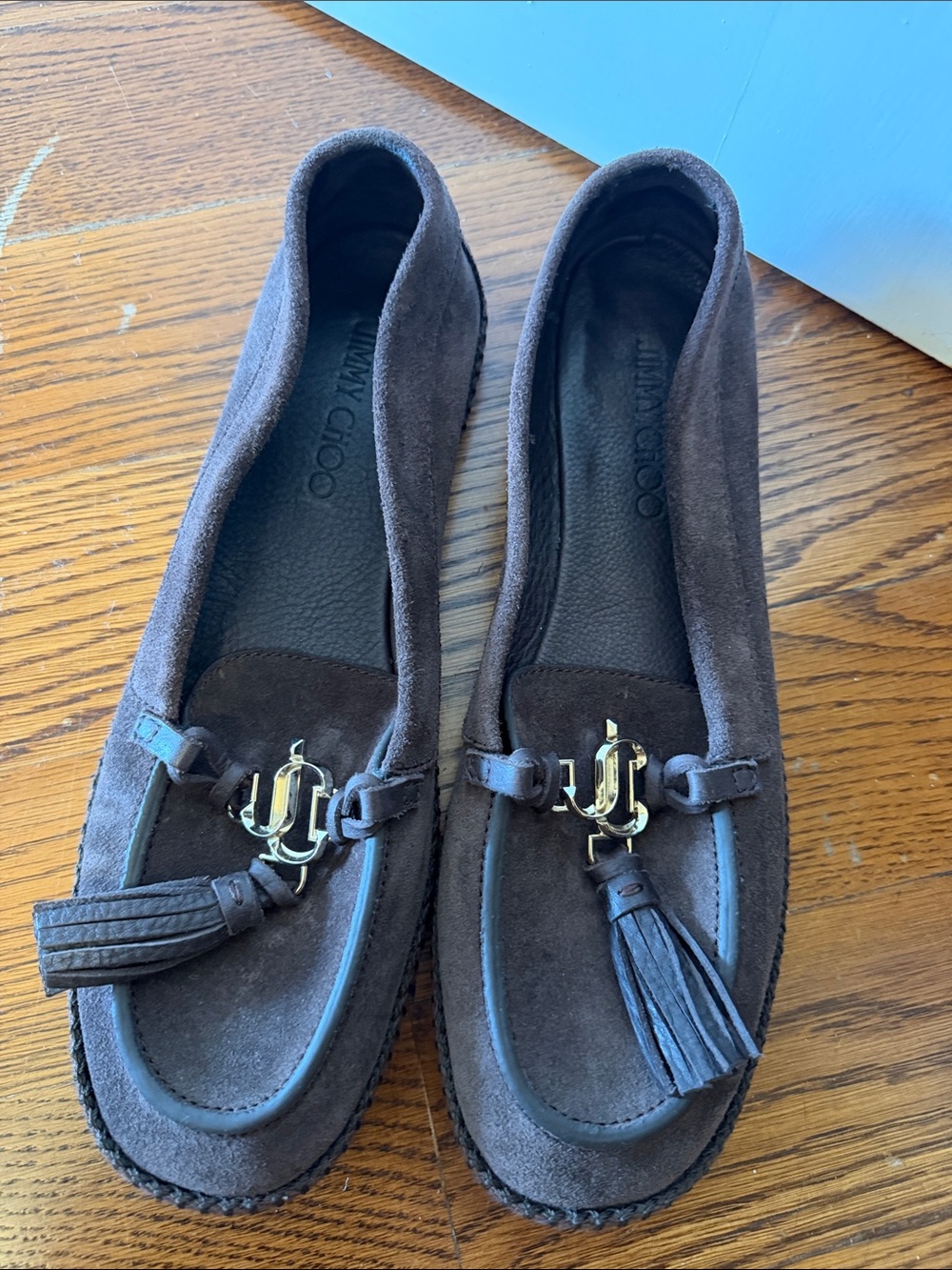 Jimmy Choo Dark Brown Suede Tassel Loafers with Gold Hardware